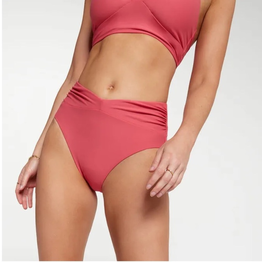 Calia Shirred V Front High Rise Tummy Control Guava Pink Bikini Bottom